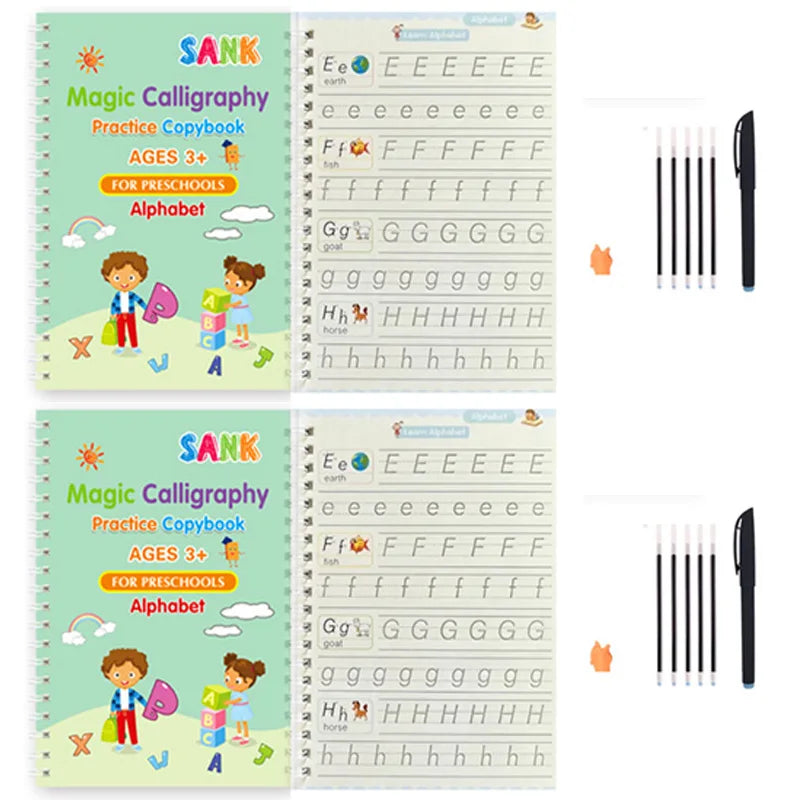 Sank Magic Practice Copybook – Reusable Calligraphy Writing Book for Kids | Preschool Handwriting & English Learning with Free Wiping Pen