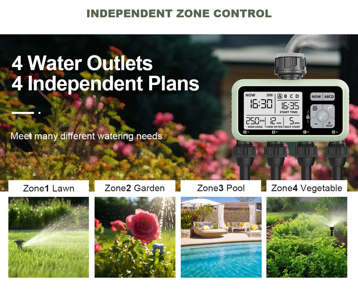 RESWAT 4-Outlet Water Timer – Multifunctional Sprinkler Controller with Multi-Caliber Adaptors for Easy Garden Irrigation