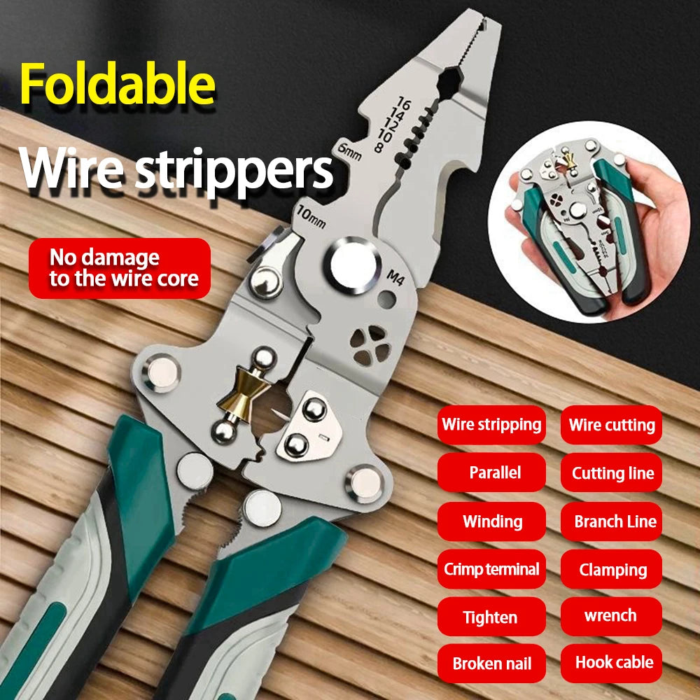 Foldable Wire Stripper & Crimping Tool – Multi-Function Electrician Pliers with Pulley Design for Cutting, Stripping & Wire Winding