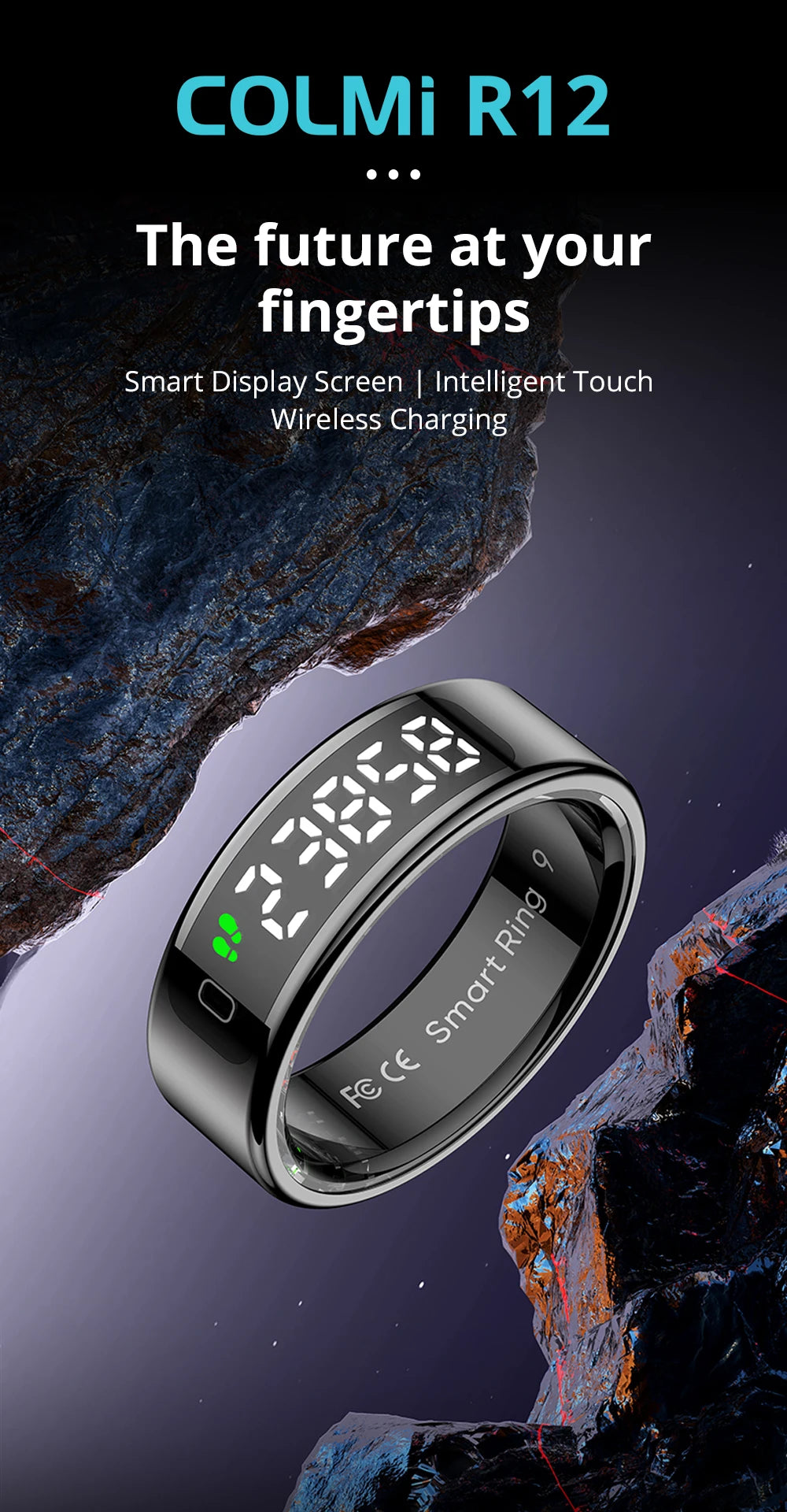 COLMI R12 Smart Ring – Touch Screen, Wireless Charging & Health Tracker, 5ATM Waterproof for Men & Women