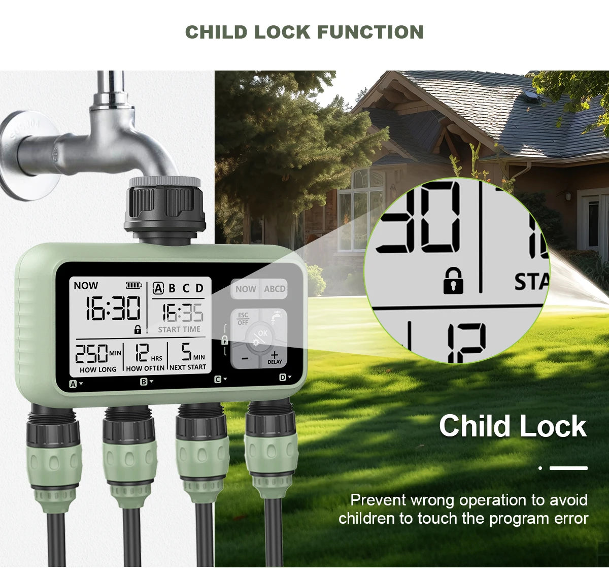 RESWAT 4-Outlet Water Timer – Multifunctional Sprinkler Controller with Multi-Caliber Adaptors for Easy Garden Irrigation