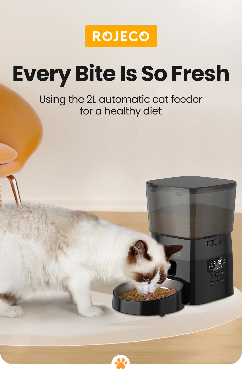 ROJECO Automatic Pet Feeder – Smart Dry Food Dispenser for Cats & Dogs with Button Control and Scheduled Feeding