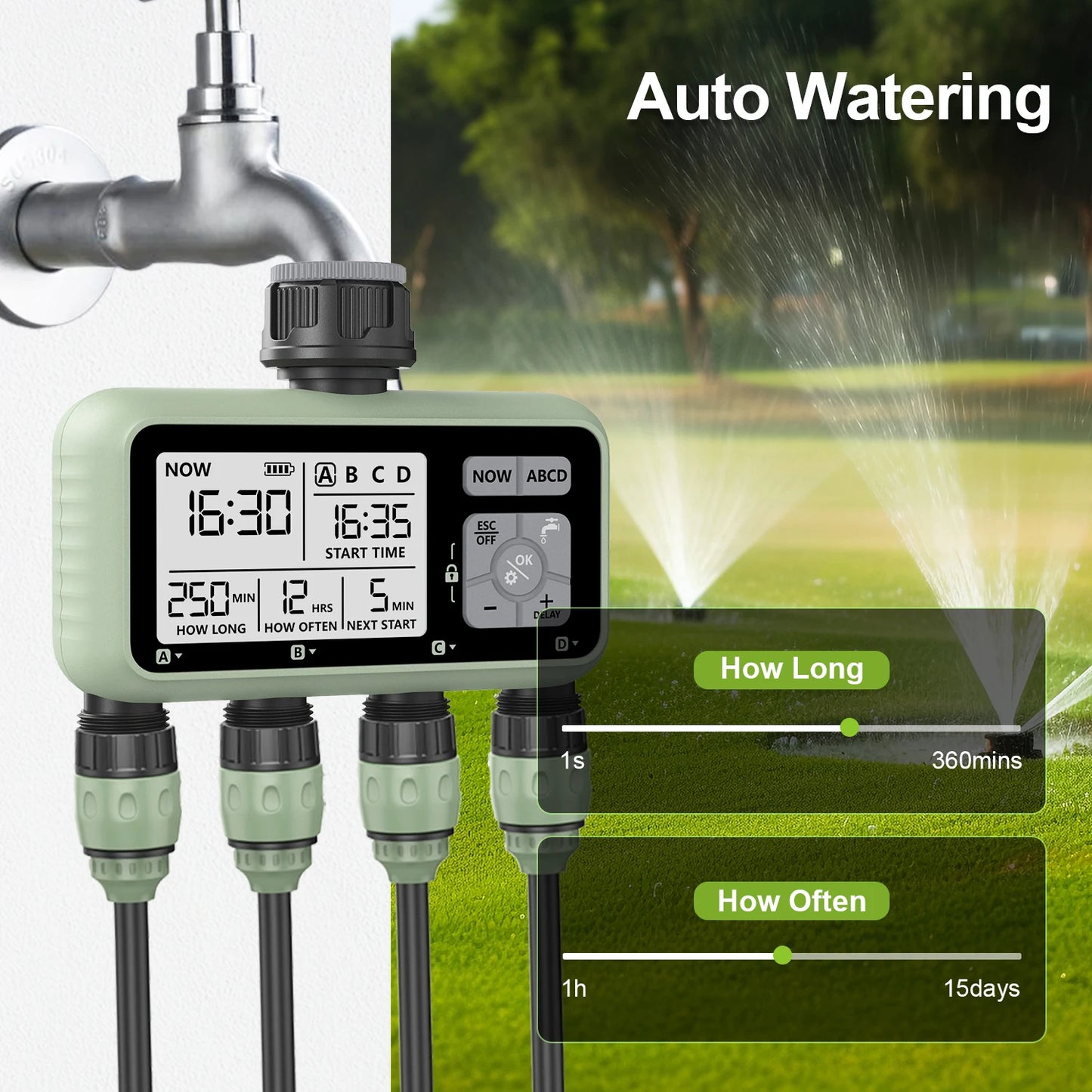 RESWAT 4-Outlet Water Timer – Multifunctional Sprinkler Controller with Multi-Caliber Adaptors for Easy Garden Irrigation