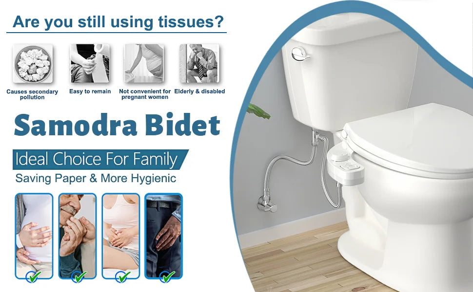 SAMODRA Non-Electric Bidet Attachment – Dual Self-Cleaning Nozzles for Front & Rear Wash | Easy-to-Install Toilet Seat Water Sprayer