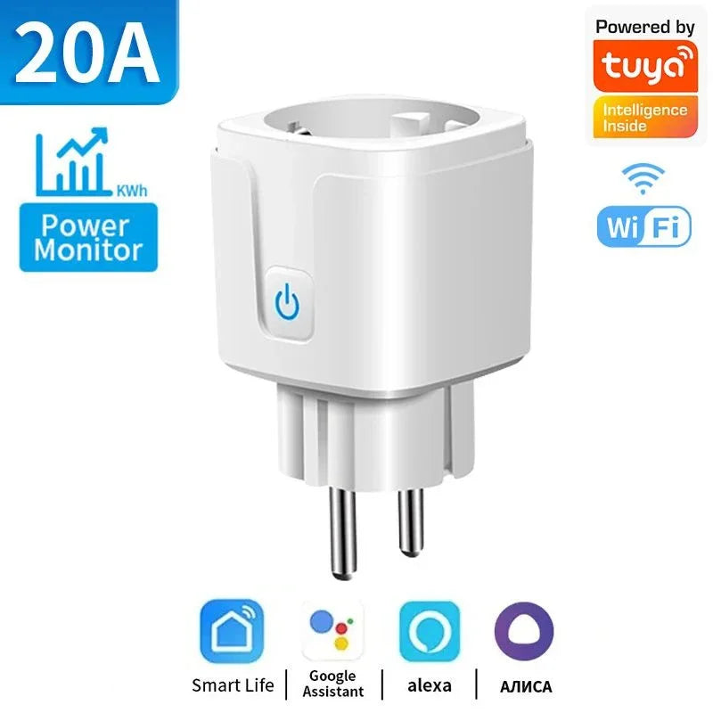 Wide-angle view of the TNCE Tuya Smart Plug EU 16A/20A, showcasing its WiFi and Zigbee connectivity features, power monitoring capabilities, timer function, and compatibility with Alexa and Google Home voice control systems for smart home automation