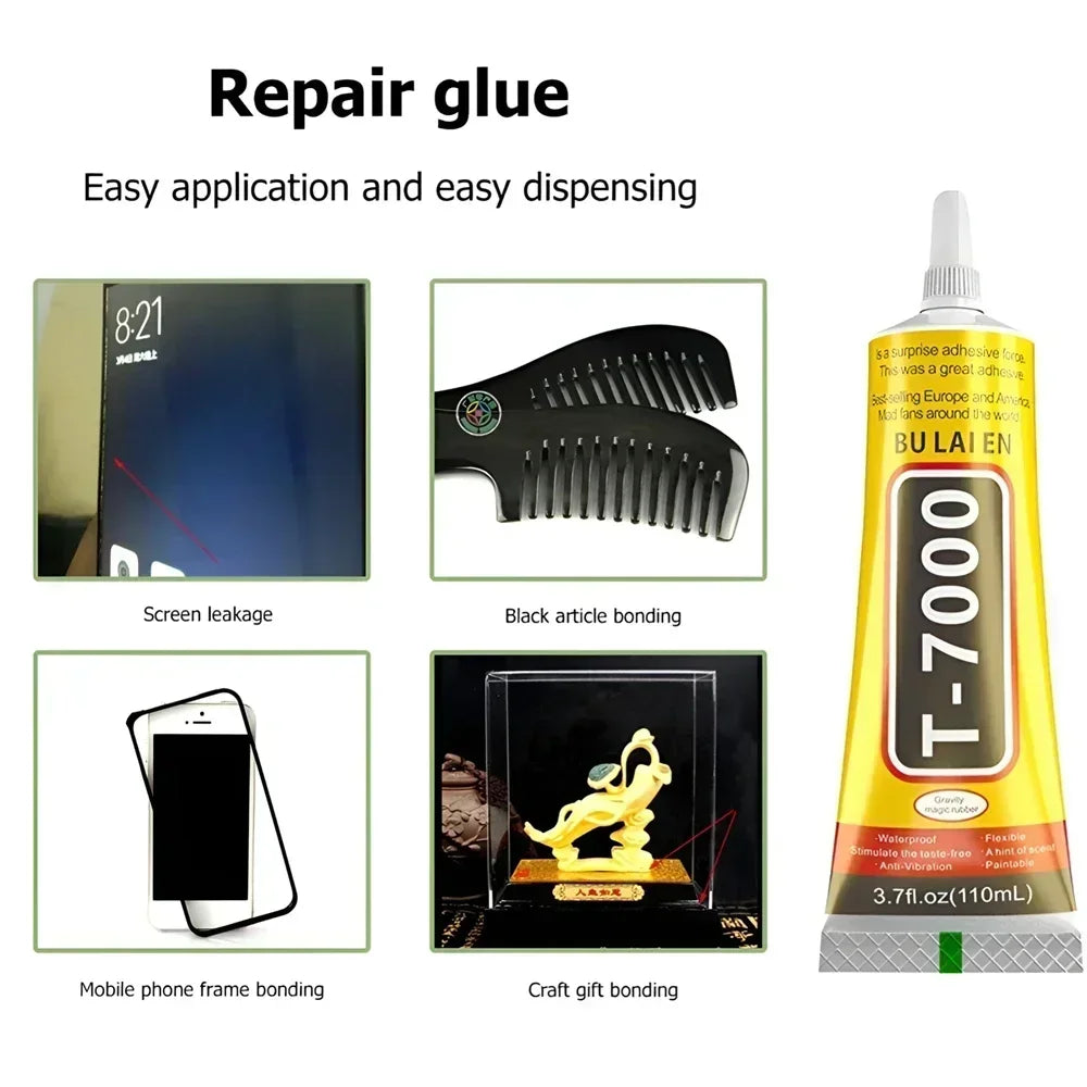 B‑7000 Clear Contact Adhesive – Universal DIY Repair Glue & T7000 Precision‑Tip Applicator for Glass & Plastic Bonding