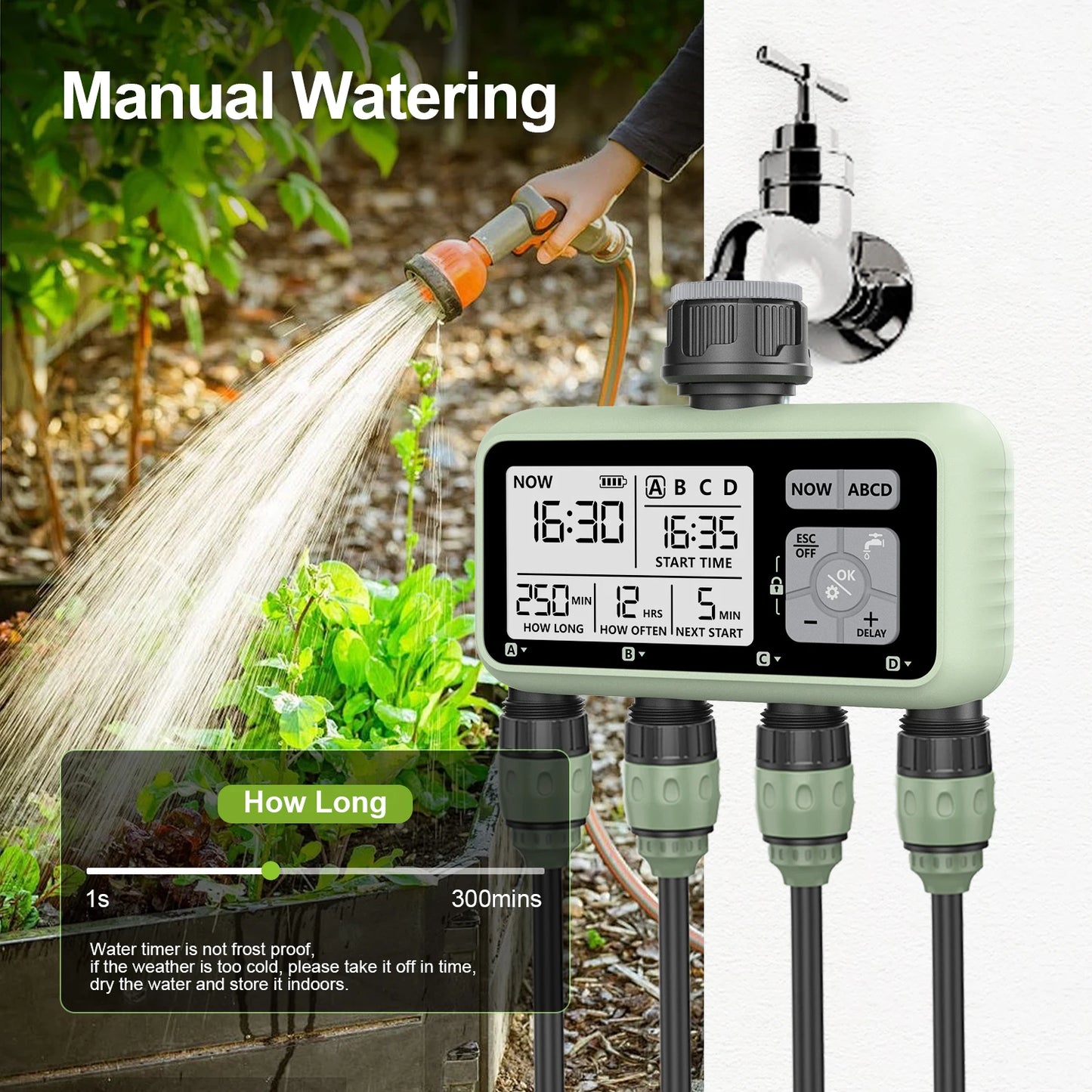 RESWAT 4-Outlet Water Timer – Multifunctional Sprinkler Controller with Multi-Caliber Adaptors for Easy Garden Irrigation