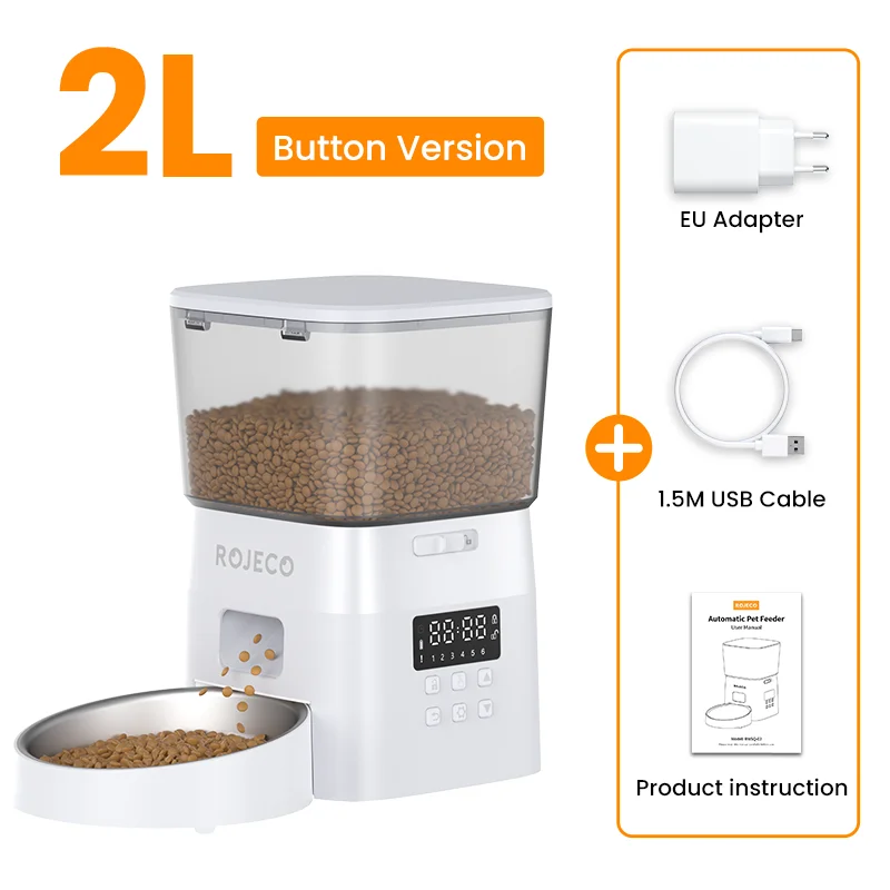 ROJECO Automatic Pet Feeder – Smart Dry Food Dispenser for Cats & Dogs with Button Control and Scheduled Feeding