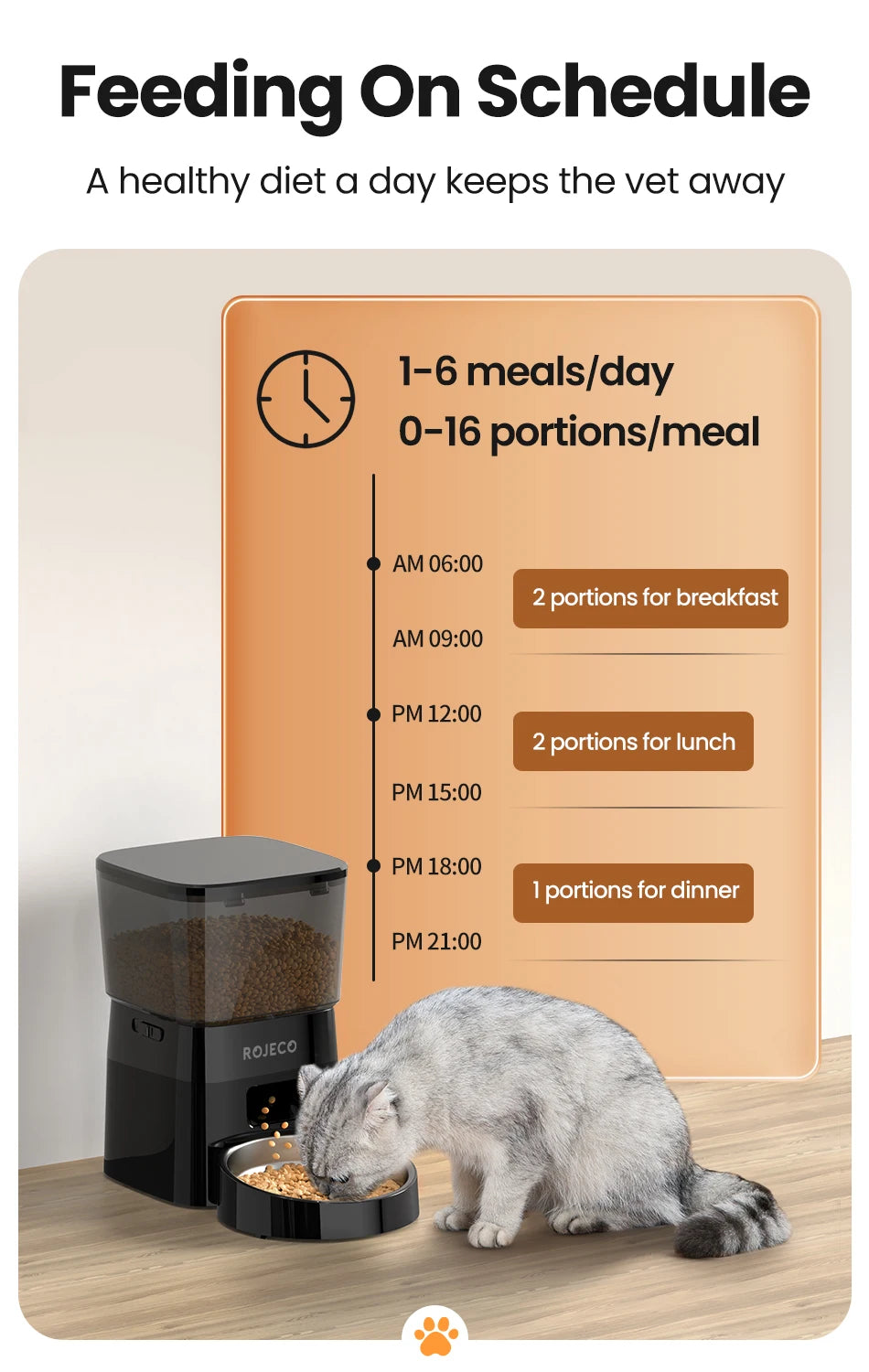ROJECO Automatic Pet Feeder – Smart Dry Food Dispenser for Cats & Dogs with Button Control and Scheduled Feeding