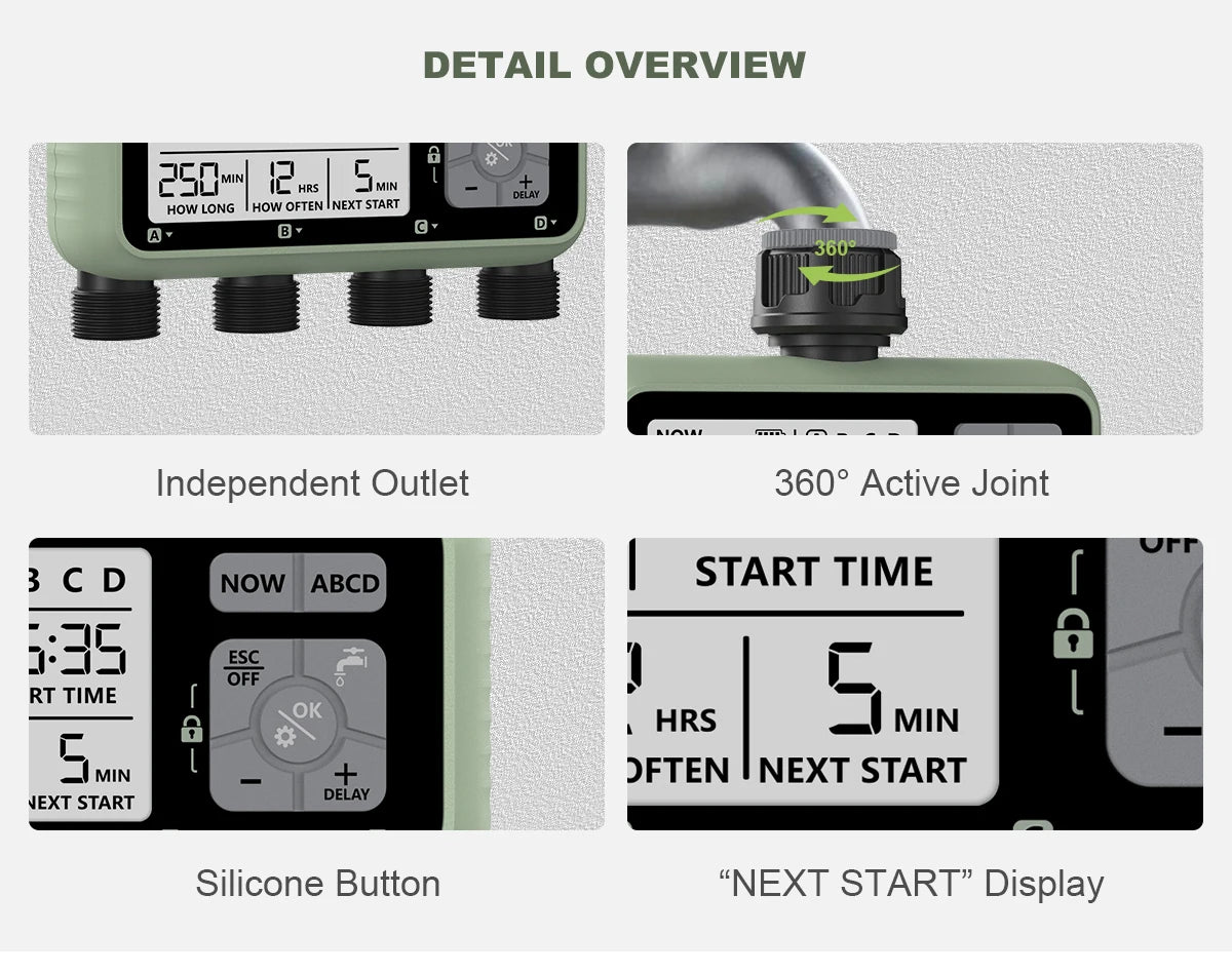 RESWAT 4-Outlet Water Timer – Multifunctional Sprinkler Controller with Multi-Caliber Adaptors for Easy Garden Irrigation