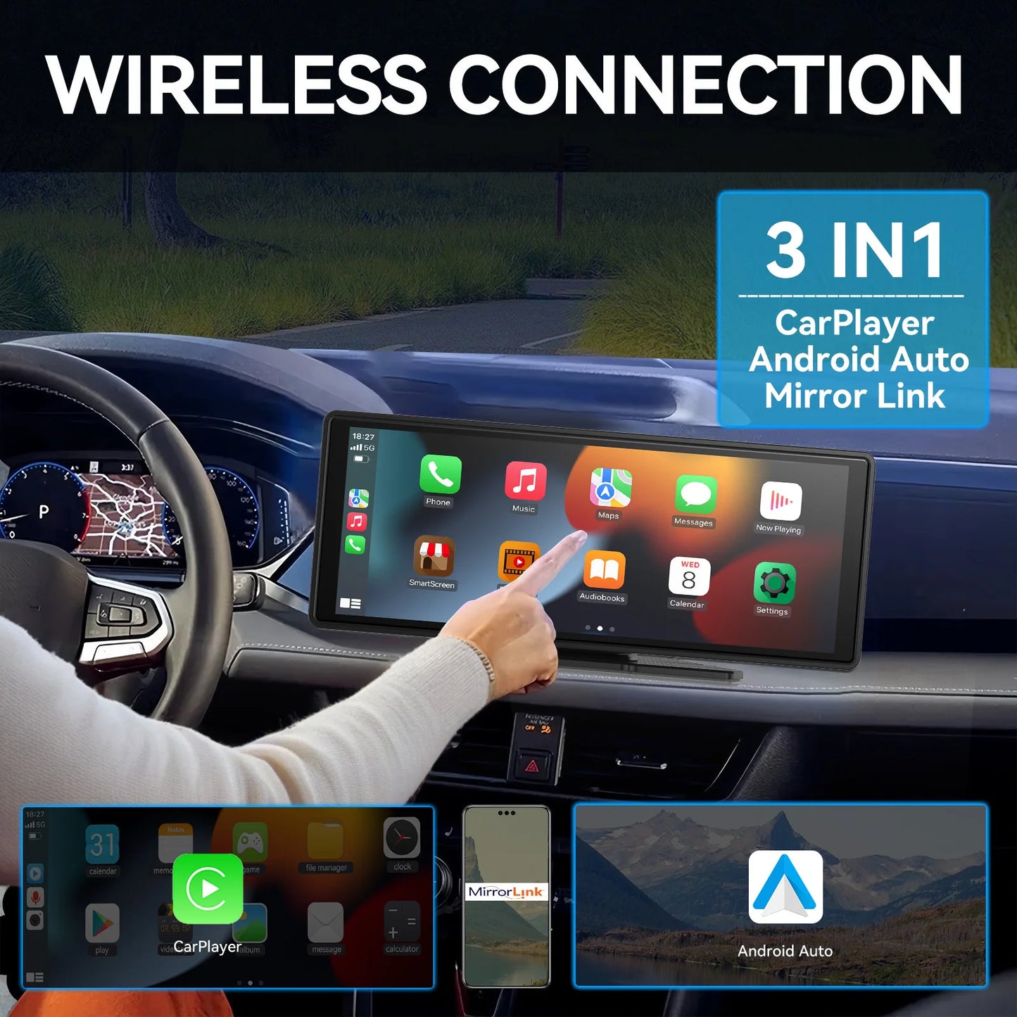 Universal Wireless CarPlay & Android Auto Touchscreen – Portable Car Display