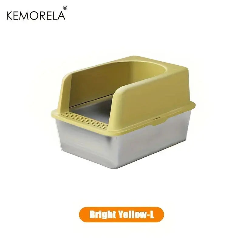 Stainless steel KEMORELA XL cat litter box with lid, high sides, odor-resistant, and easy-to-clean design suitable for large and small cats