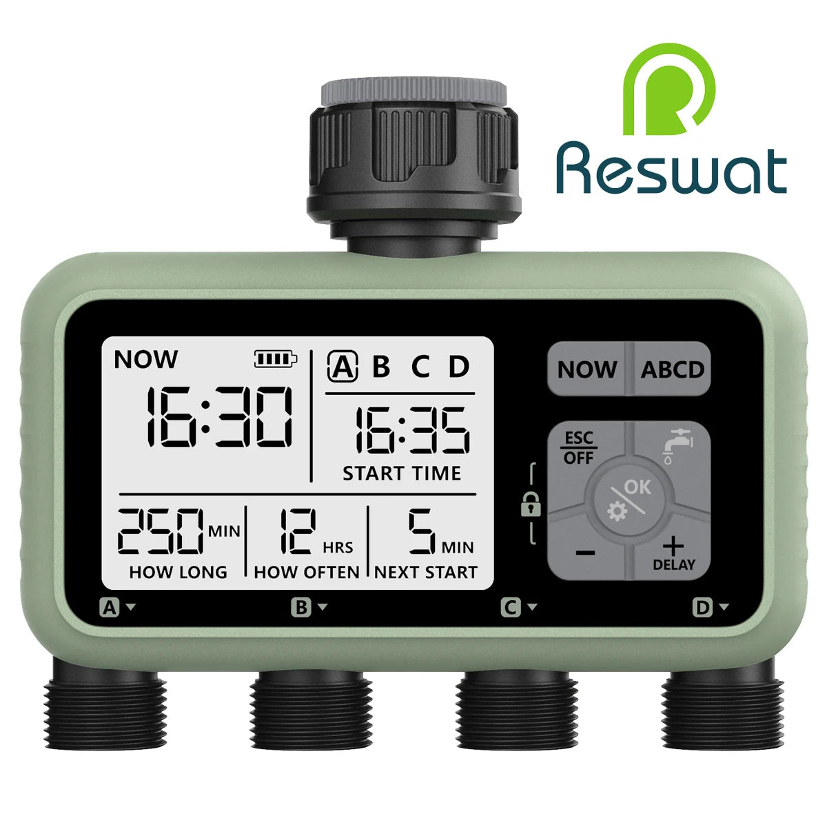 RESWAT 4-Outlet Water Timer – Multifunctional Sprinkler Controller with Multi-Caliber Adaptors for Easy Garden Irrigation