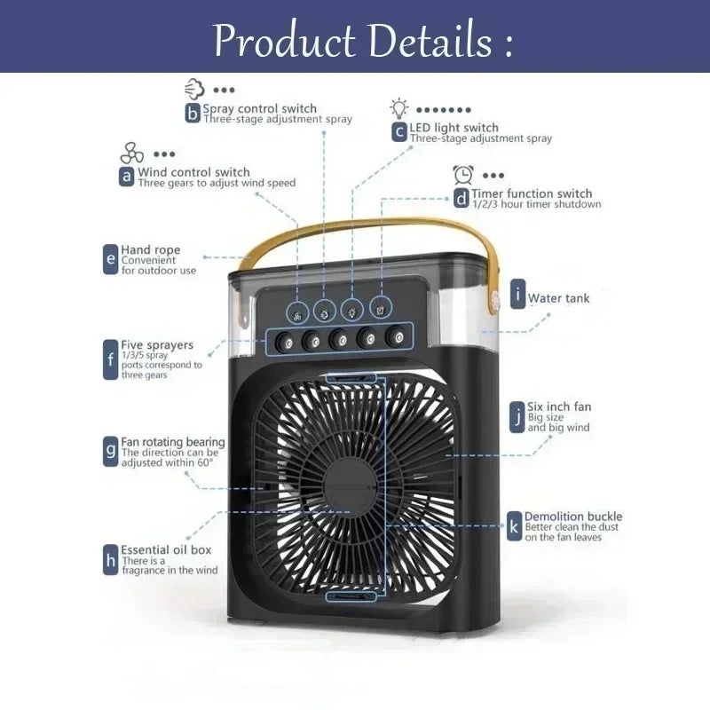 3-in-1 Portable Air Cooler, Humidifier & LED Night Light – Mini Air Conditioner Fan for Home & Office Use