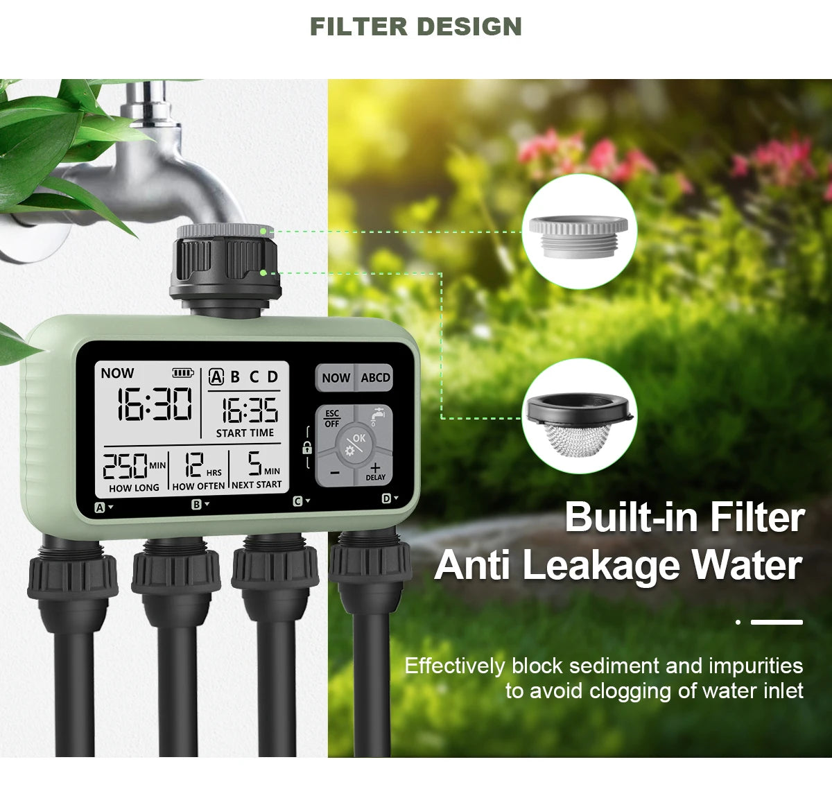 RESWAT 4-Outlet Water Timer – Multifunctional Sprinkler Controller with Multi-Caliber Adaptors for Easy Garden Irrigation
