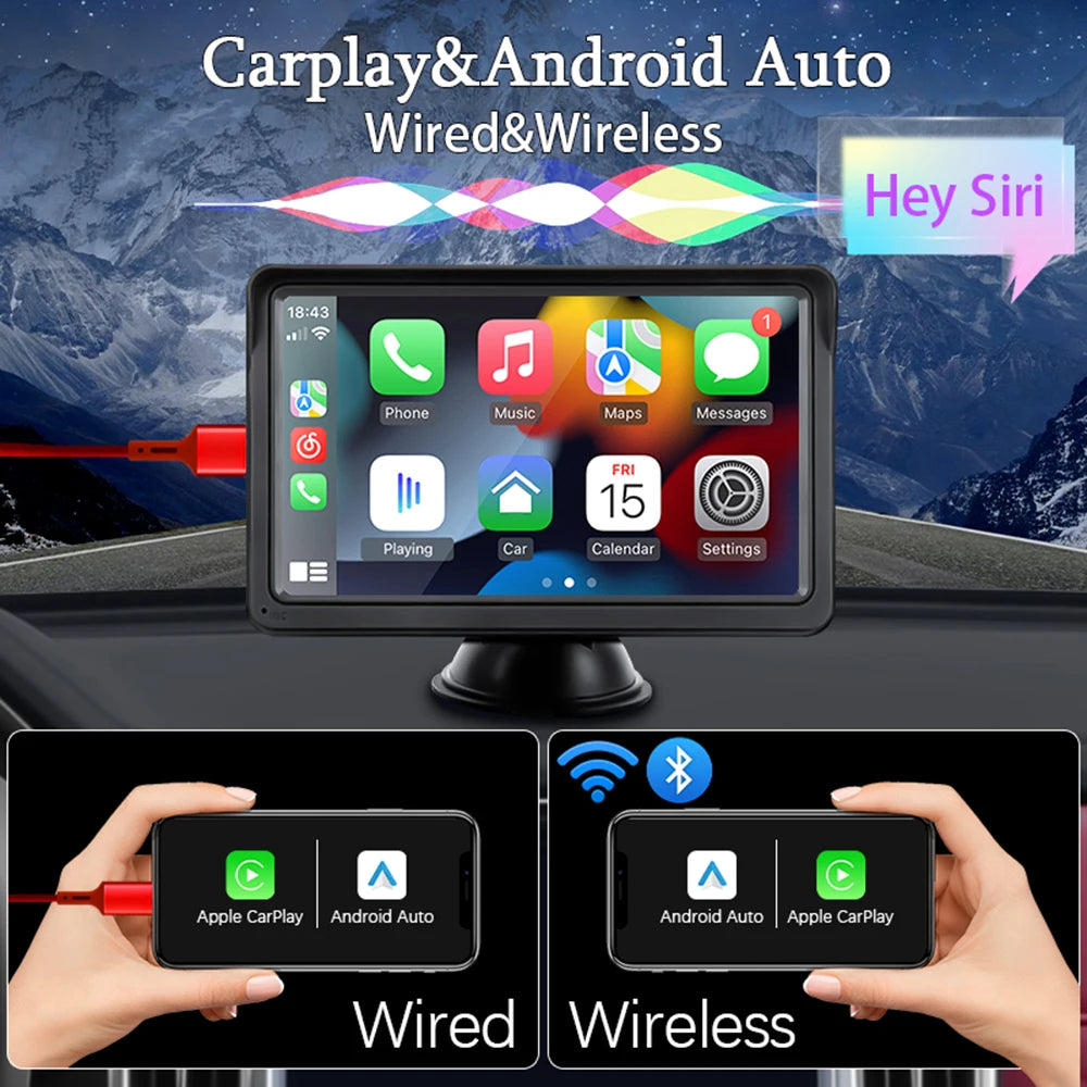 Portable Car Touchscreen Multimedia Player – Wireless CarPlay & Android Auto | USB, AUX & Backup Camera Support