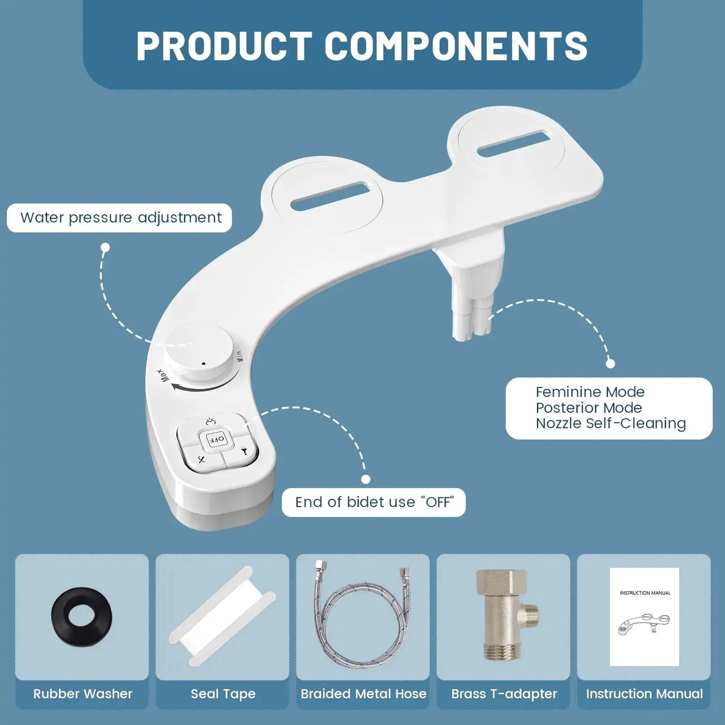 SAMODRA Non-Electric Bidet Attachment – Dual Self-Cleaning Nozzles for Front & Rear Wash | Easy-to-Install Toilet Seat Water Sprayer