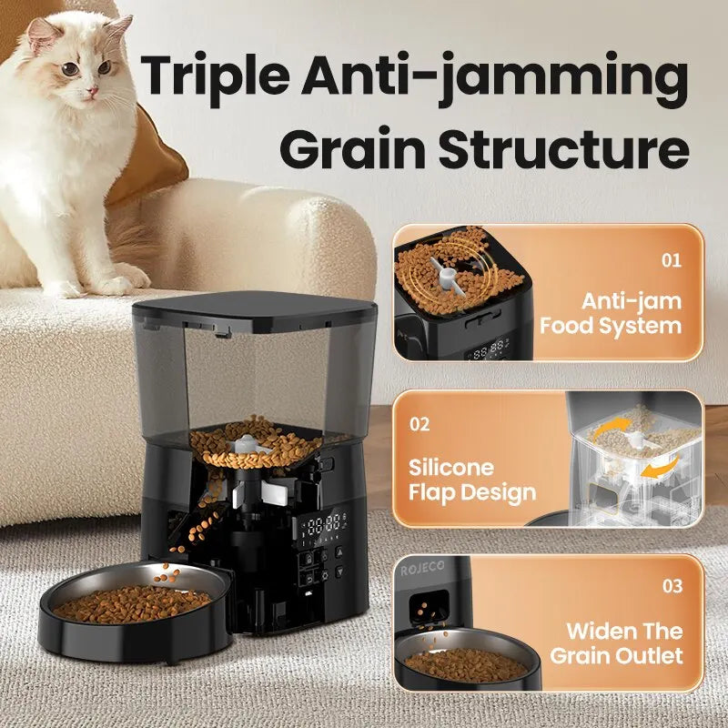 ROJECO Automatic Pet Feeder – Smart Dry Food Dispenser for Cats & Dogs with Button Control and Scheduled Feeding
