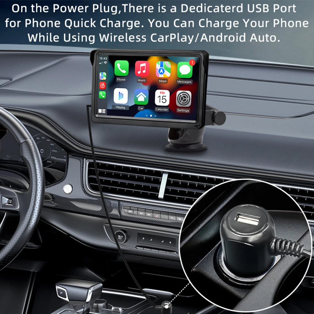 Portable Car Touchscreen Multimedia Player – Wireless CarPlay & Android Auto | USB, AUX & Backup Camera Support