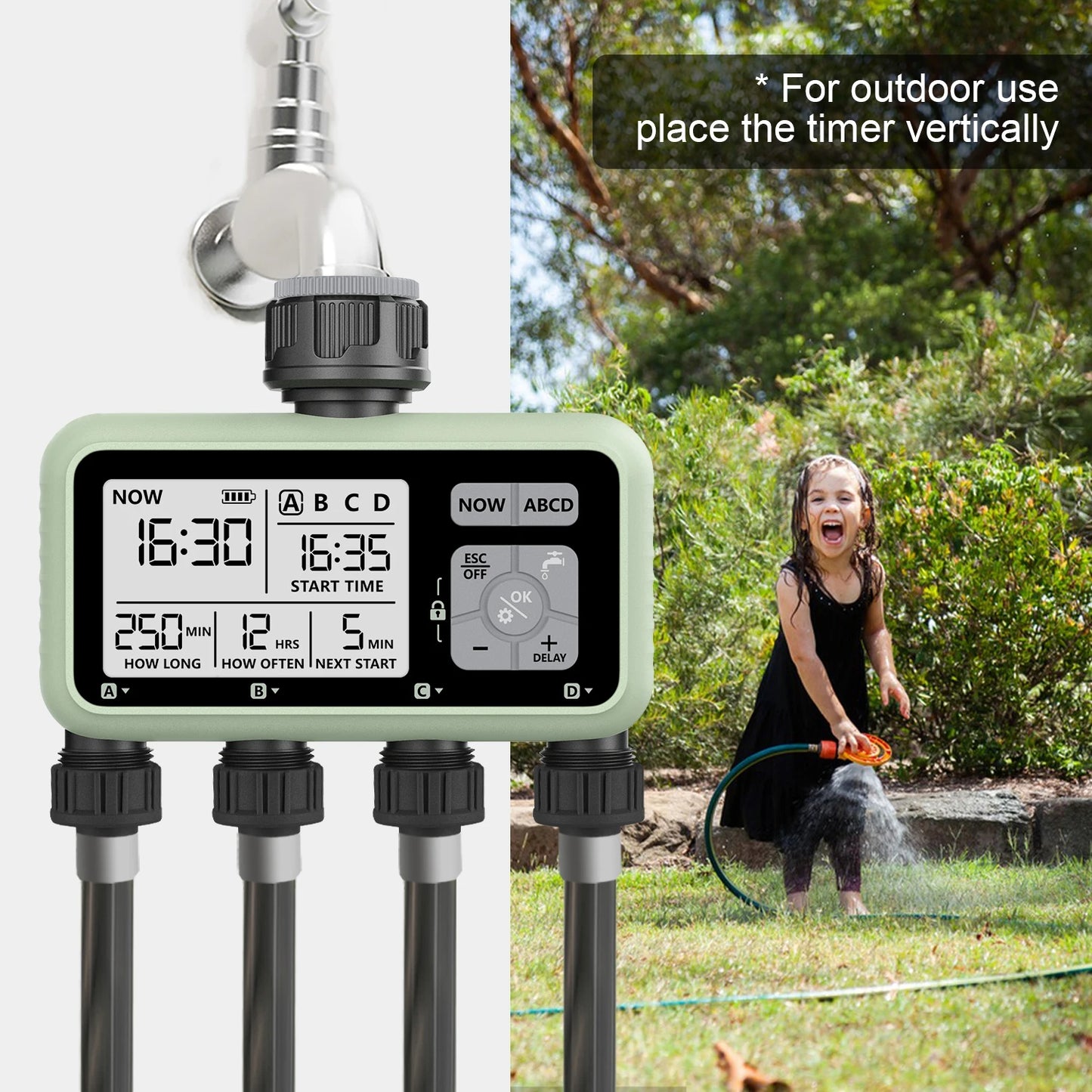 RESWAT 4-Outlet Water Timer – Multifunctional Sprinkler Controller with Multi-Caliber Adaptors for Easy Garden Irrigation