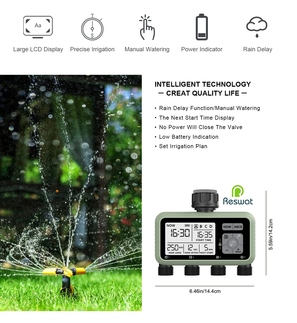 RESWAT 4-Outlet Water Timer – Multifunctional Sprinkler Controller with Multi-Caliber Adaptors for Easy Garden Irrigation