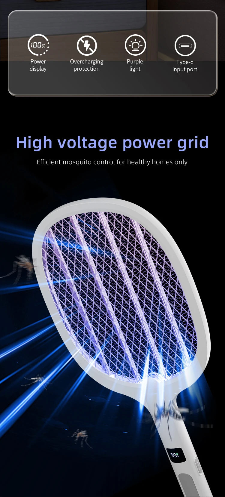 Electric Fly Swatter & Mosquito Trap Lamp – Handheld, Rechargeable, Safe Insect Killer for Home, Office, Patio & Camping