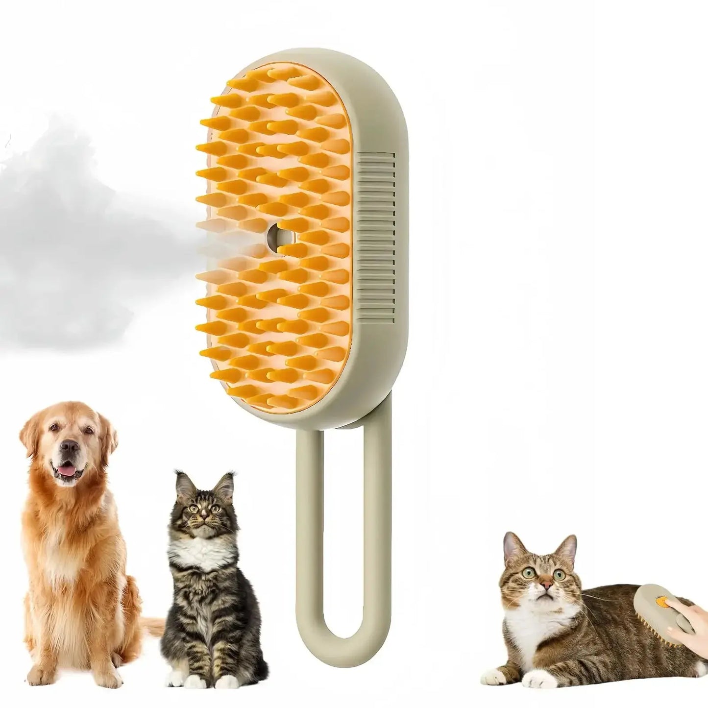 A close-up of the 3-in-1 pet steam grooming brush showing its massage, hair removal, and cleaning comb features for cats and dogs