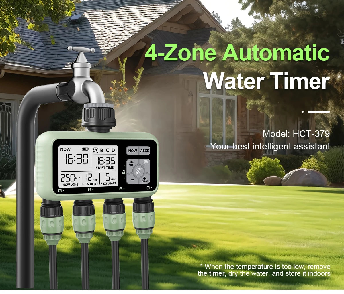 RESWAT 4-Outlet Water Timer – Multifunctional Sprinkler Controller with Multi-Caliber Adaptors for Easy Garden Irrigation