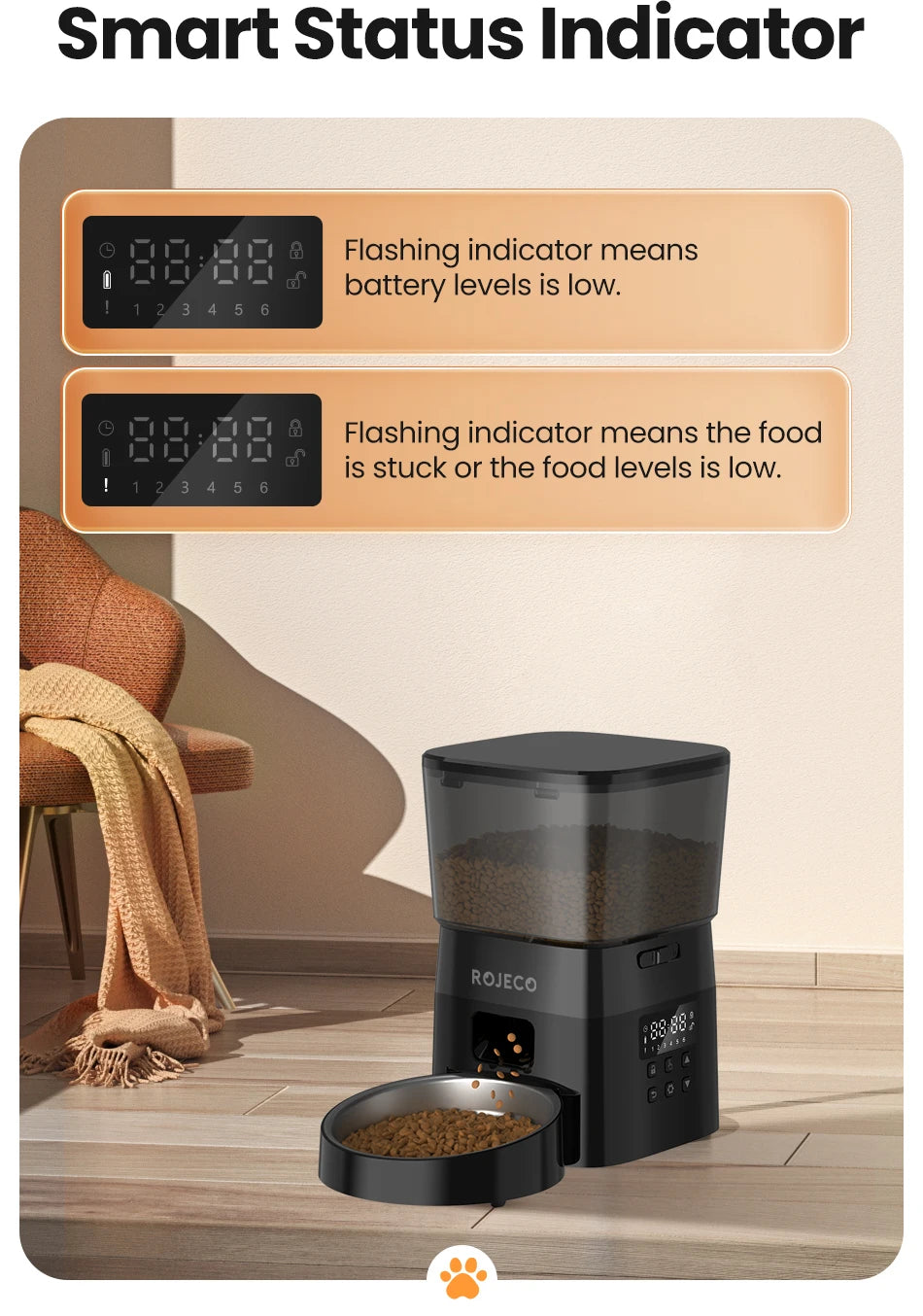 ROJECO Automatic Pet Feeder – Smart Dry Food Dispenser for Cats & Dogs with Button Control and Scheduled Feeding