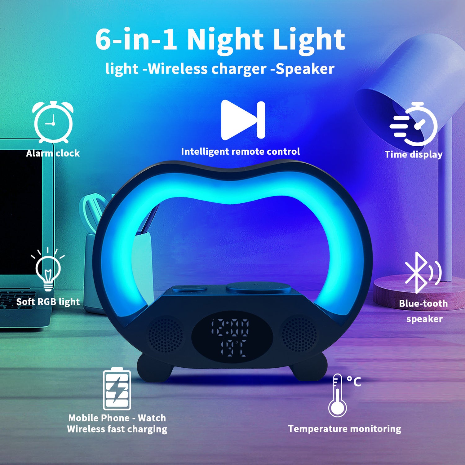 Smart LED Digital Clock with 15W wireless fast charging and Bluetooth audio