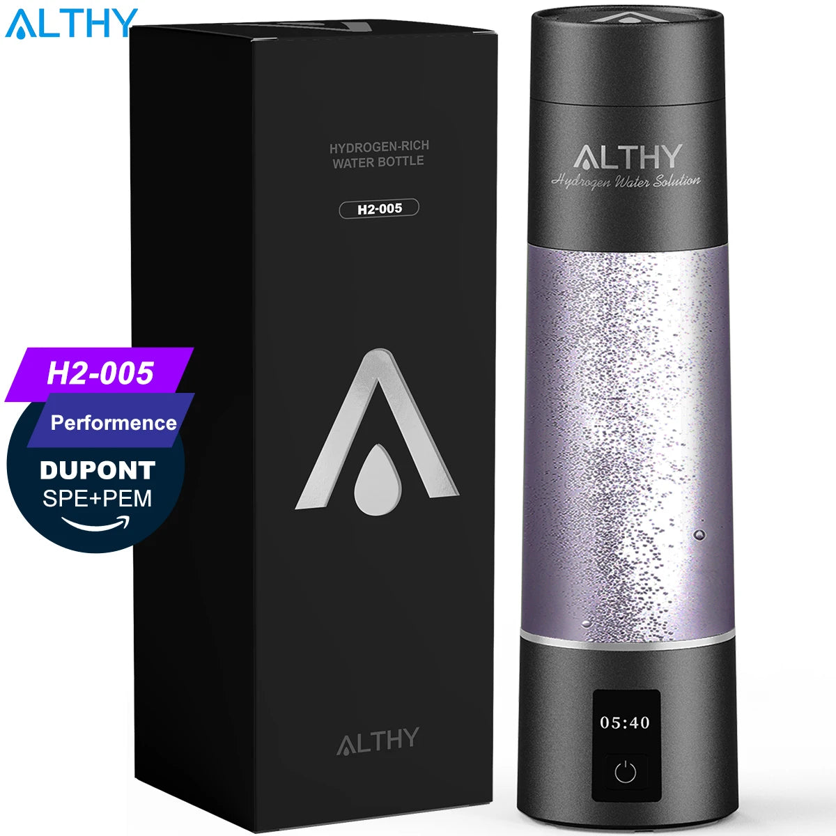 ALTHY Performance Molecular Hydrogen Water Bottle – DuPont SPE & PEM Dual-Chamber Ionizer with Charging & Time Display – High-Concentration H₂ Generator (Up to 5000ppb)