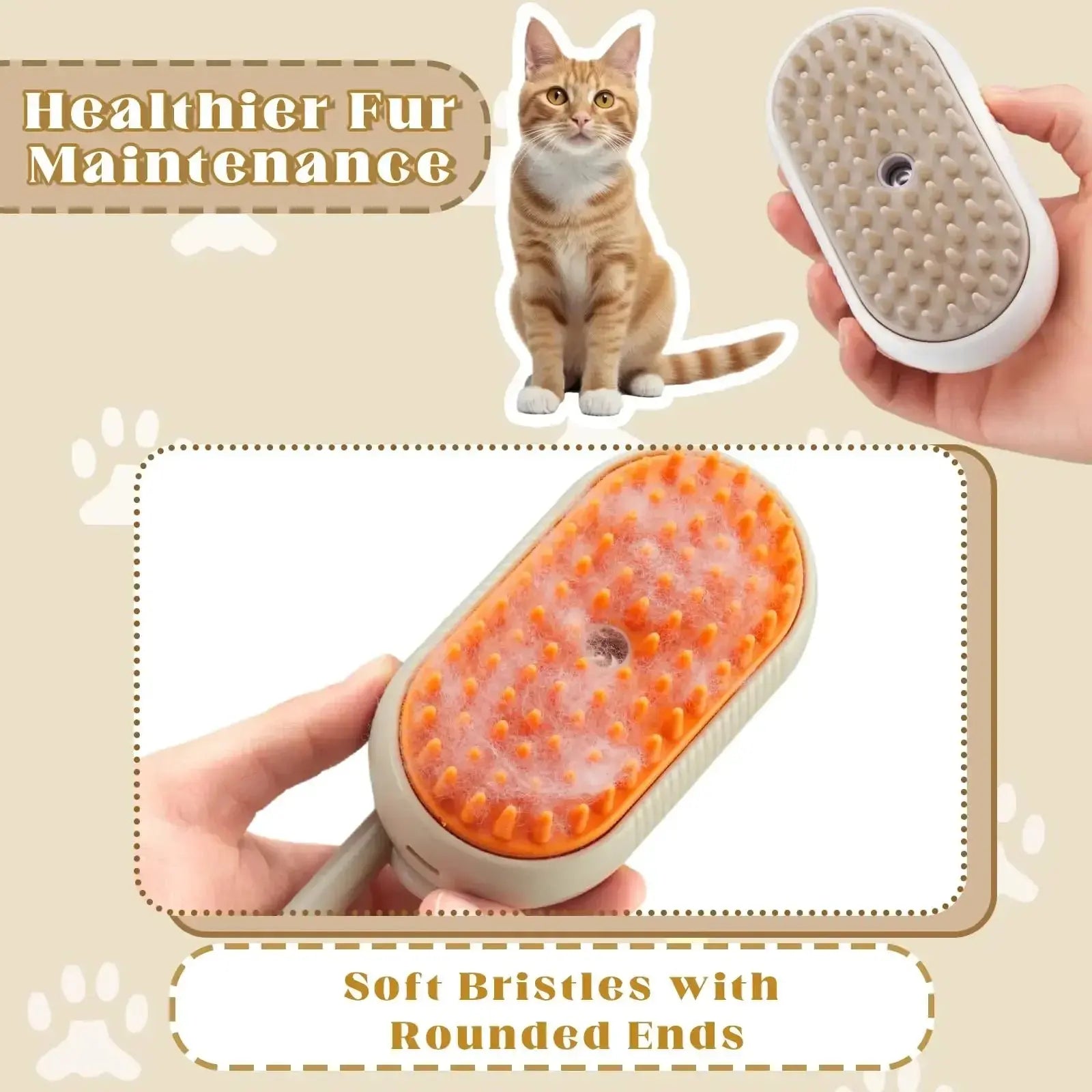 A 3-in-1 pet steam grooming brush featuring massage, hair removal, and cleaning comb functions for cats and dogs, designed to gently groom and soothe pets while effectively removing loose fur and dirt