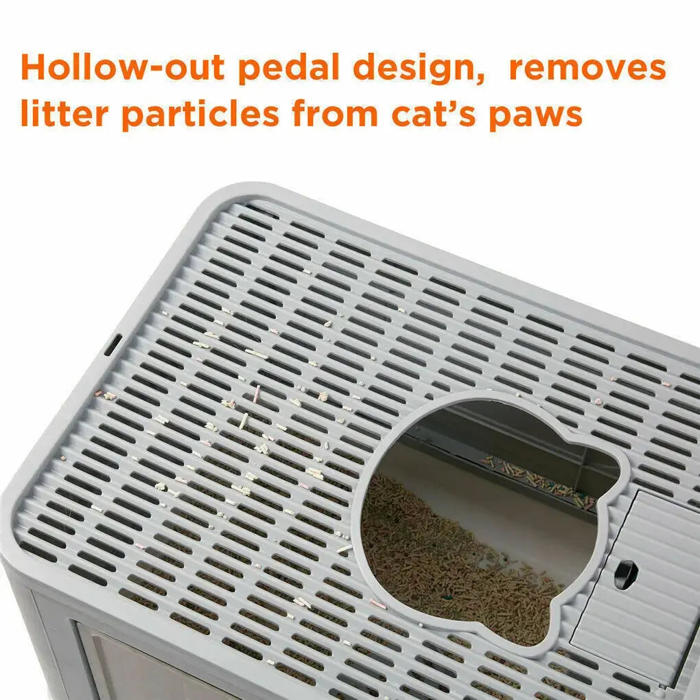 Foldable enclosed cat litter box with front entry and top exit design for reduced litter tracking