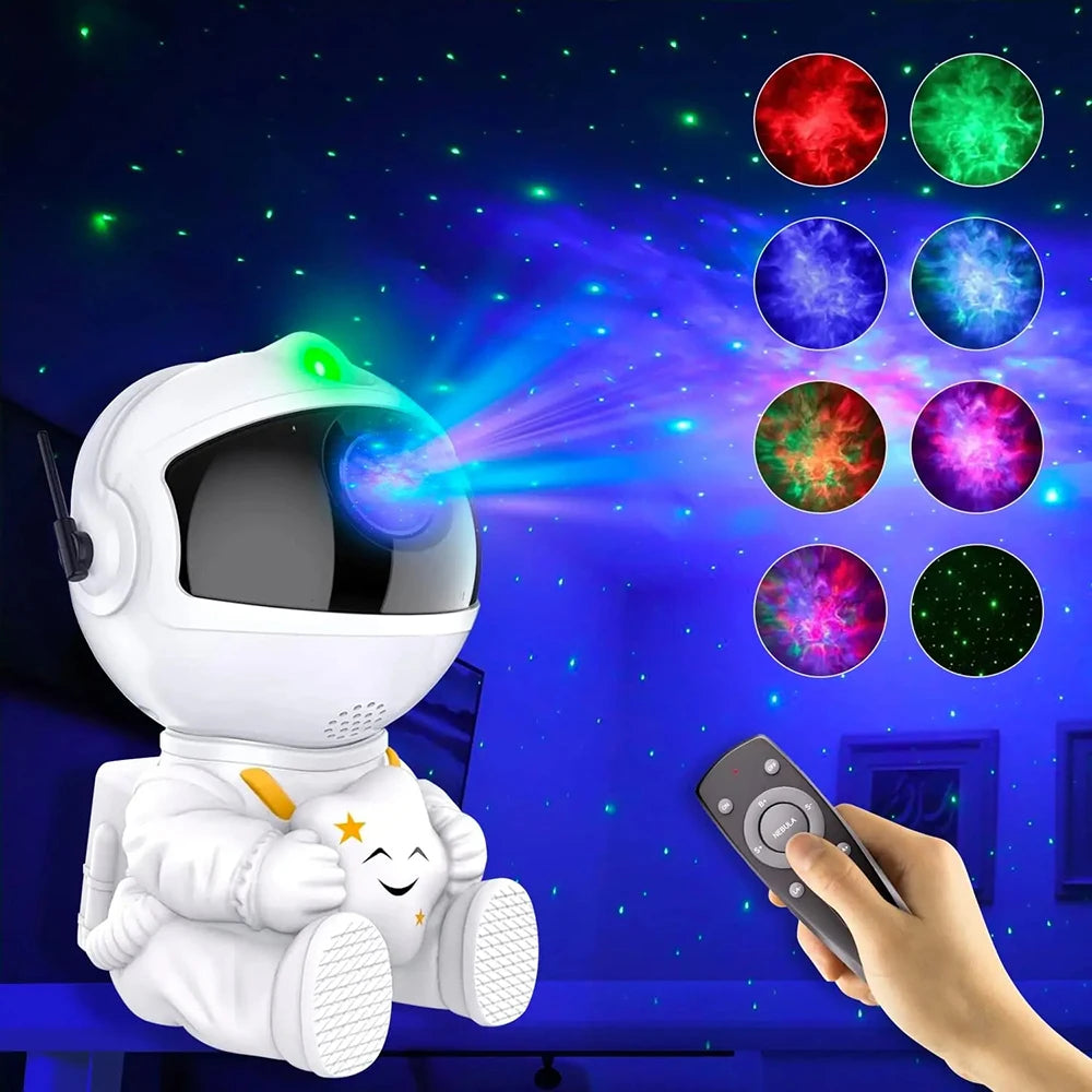 Astronaut galaxy star projector night light displaying nebula patterns with remote control functionality and LED galaxy lamp effects for space-themed room decor