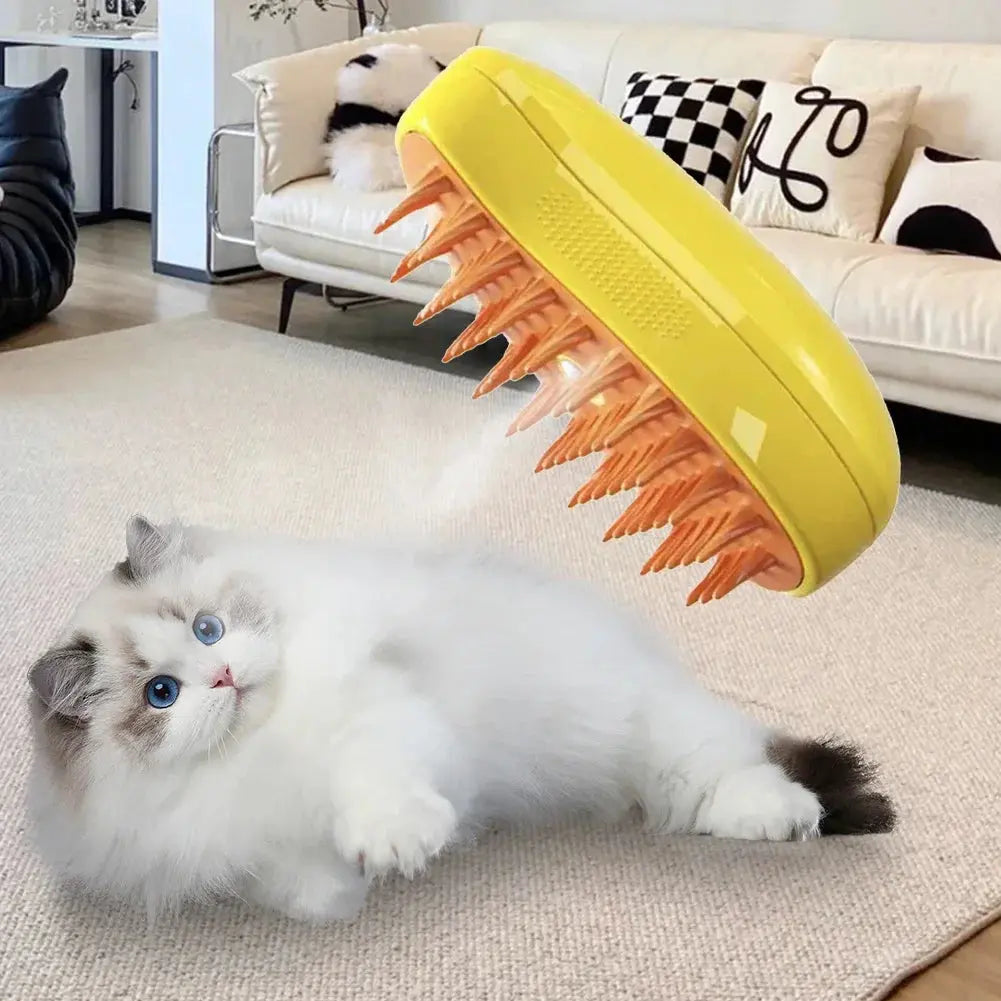Long description of the 3-in-1 pet steam grooming brush designed for cats and dogs, featuring massage, hair removal, and cleaning comb functions to promote healthy skin and a shiny coat