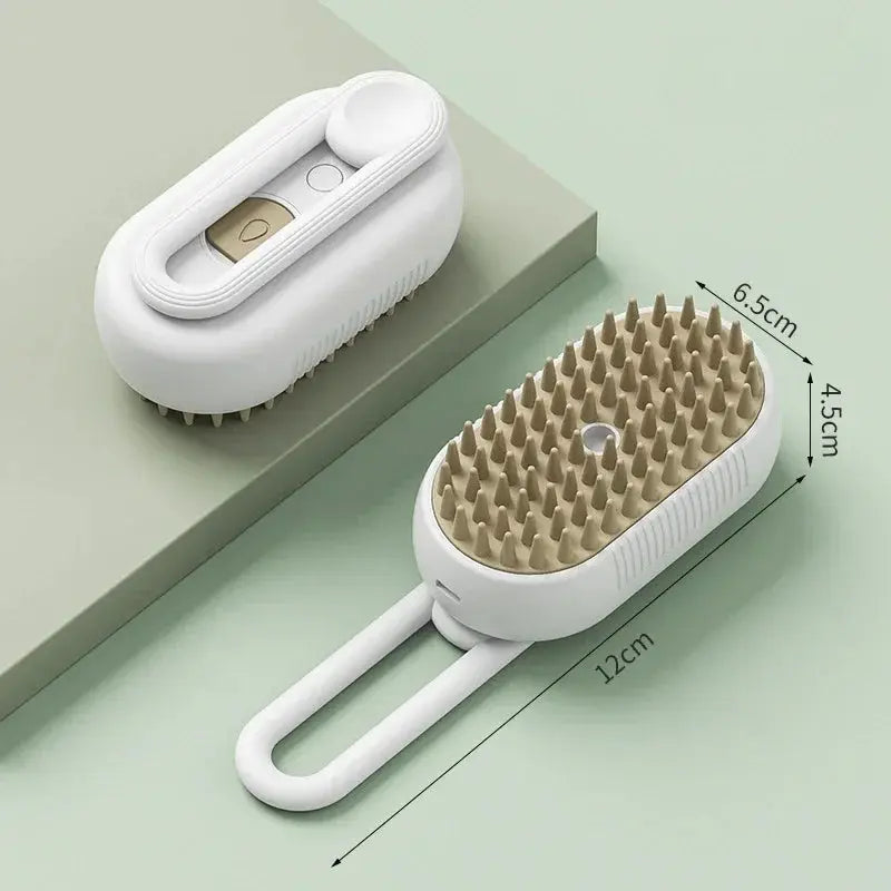 A close-up of the 3-in-1 pet steam grooming brush showing its massage, hair removal, and cleaning comb features for cats and dogs, with steam function and ergonomic handle for easy grooming