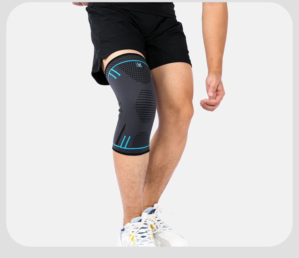 A single elastic, breathable compression knee support sleeve with integrated springs designed for sports and fitness activities, providing optimal joint stability and injury prevention