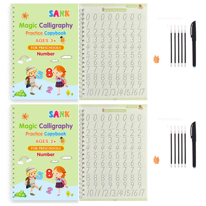 Sank Magic Practice Copybook – Reusable Calligraphy Writing Book for Kids | Preschool Handwriting & English Learning with Free Wiping Pen