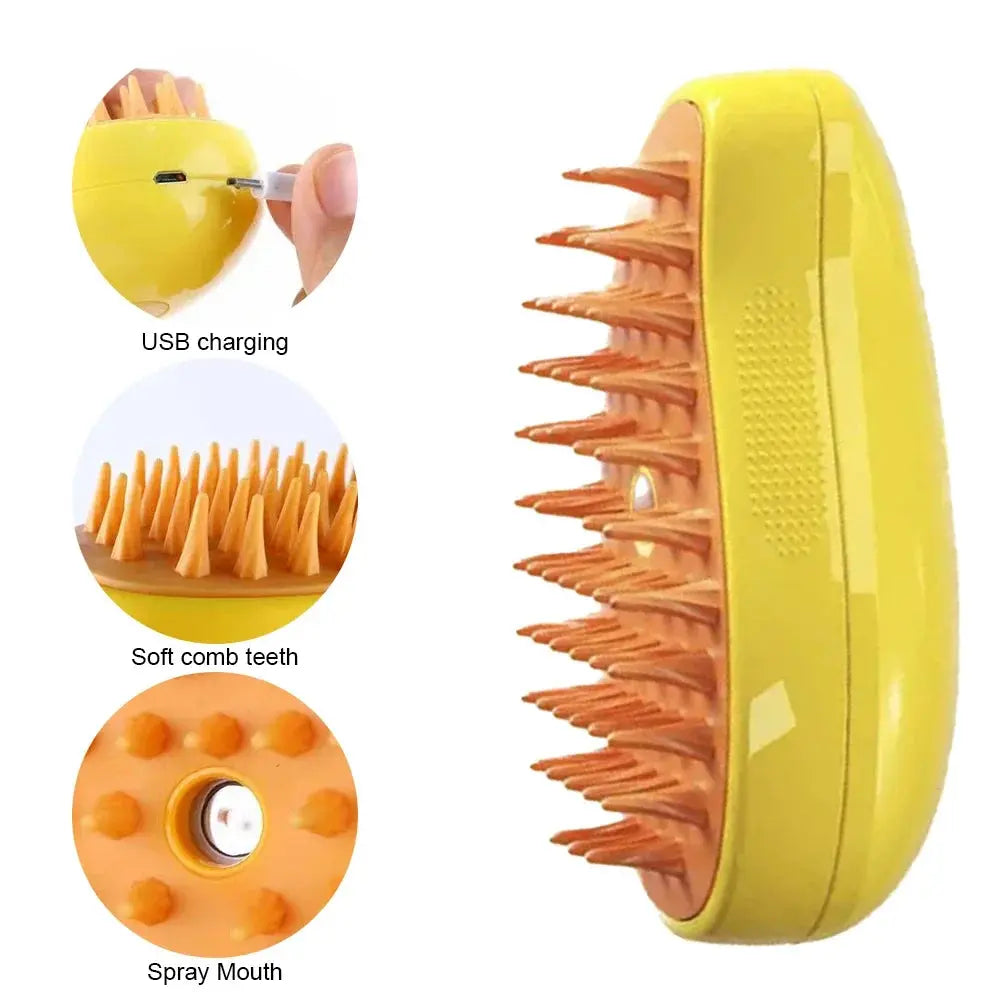 Comprehensive 3-in-1 pet steam grooming brush combining massage, hair removal, and cleaning for cats and dogs with ergonomic design and effective pet care features