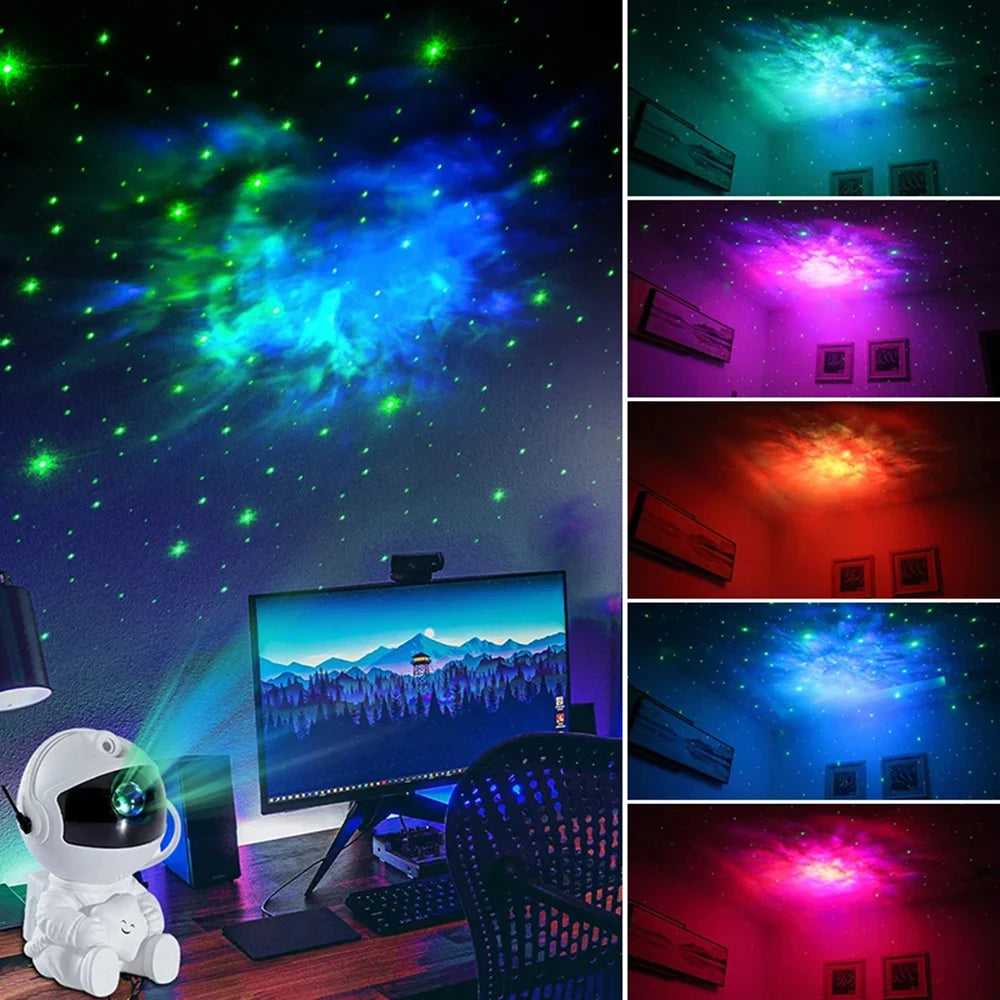 Astronaut Galaxy Star Projector Night Light displaying nebula clouds, galaxy stars, and remote control functionality for space-themed ambient lighting
