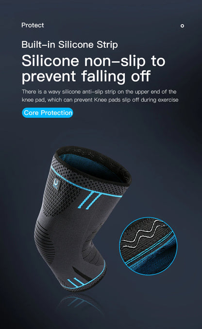 High-quality compression knee support sleeve with elastic, breathable fabric and built-in springs designed for sports, fitness, injury prevention, and joint stabilization