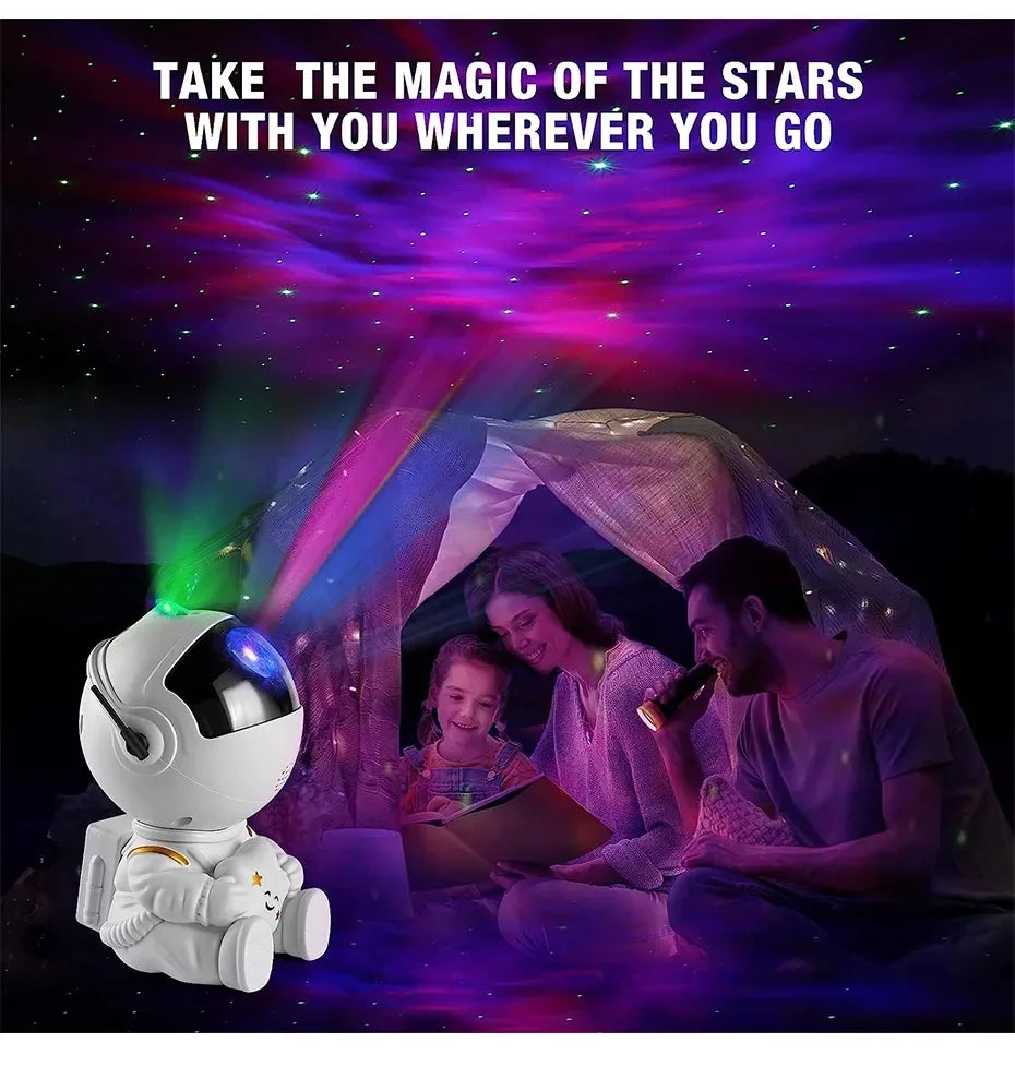 Astronaut-themed galaxy star projector night light displaying nebula clouds with remote control functionality for space-themed room decor and ambient lighting