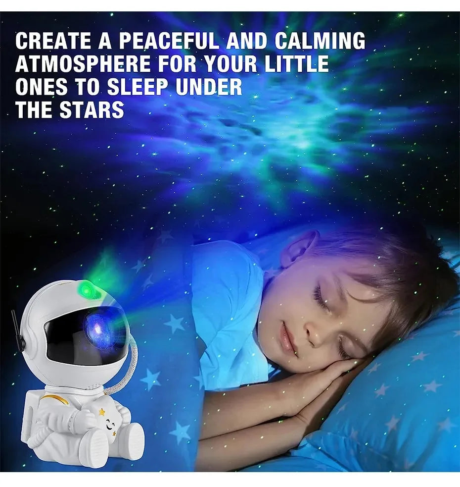 Astronaut-themed galaxy star projector night light displaying nebula clouds with remote control functionality and space-themed LED illumination for ambient bedroom lighting