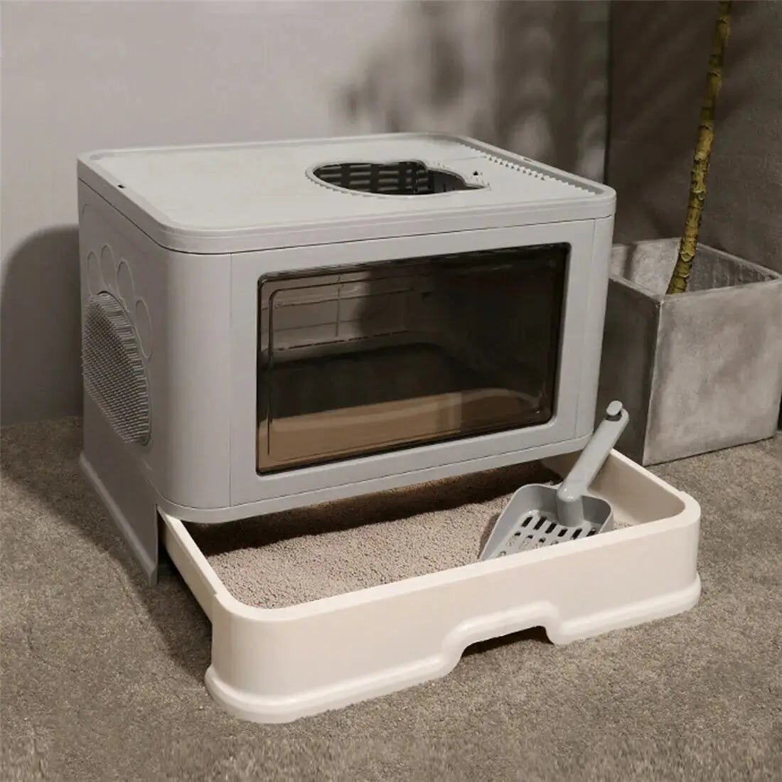 Stylish foldable enclosed cat litter box with front entry and top exit for reduced mess
