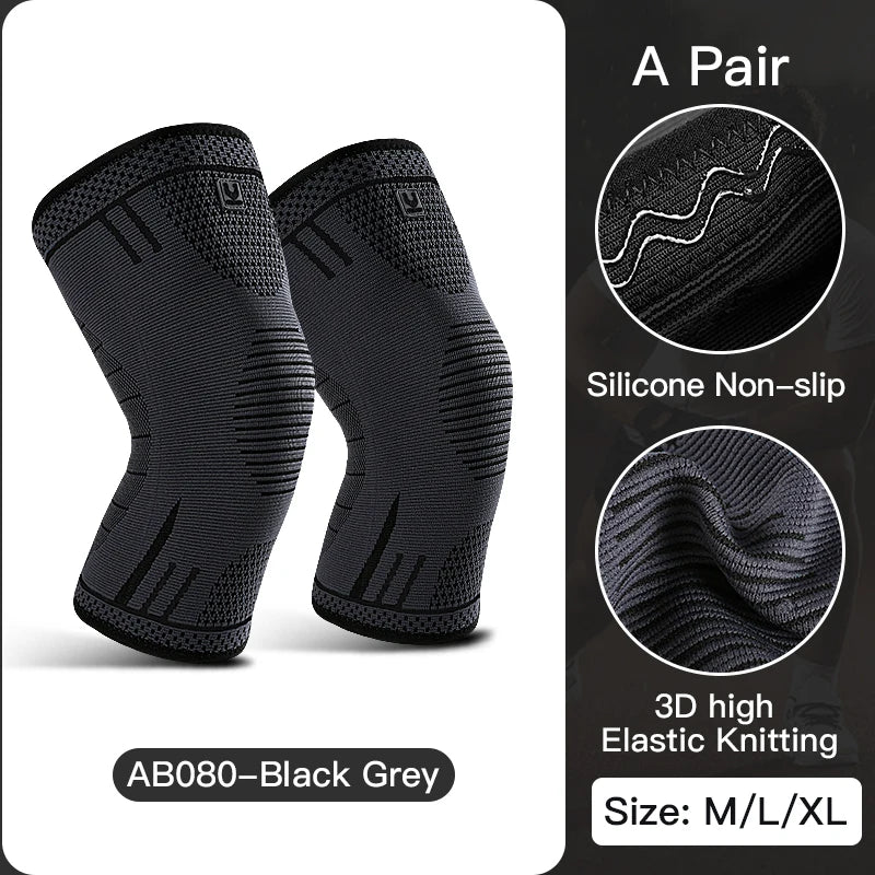 A close-up of a flexible, breathable elastic compression knee support sleeve with integrated springs, designed for sports and fitness activities, providing stability and injury prevention