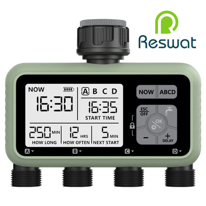 RESWAT 4-Outlet Water Timer – Multifunctional Sprinkler Controller with Multi-Caliber Adaptors for Easy Garden Irrigation
