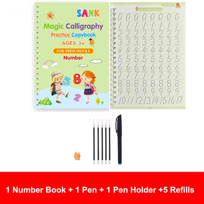 Sank Magic Practice Copybook – Reusable Calligraphy Writing Book for Kids | Preschool Handwriting & English Learning with Free Wiping Pen
