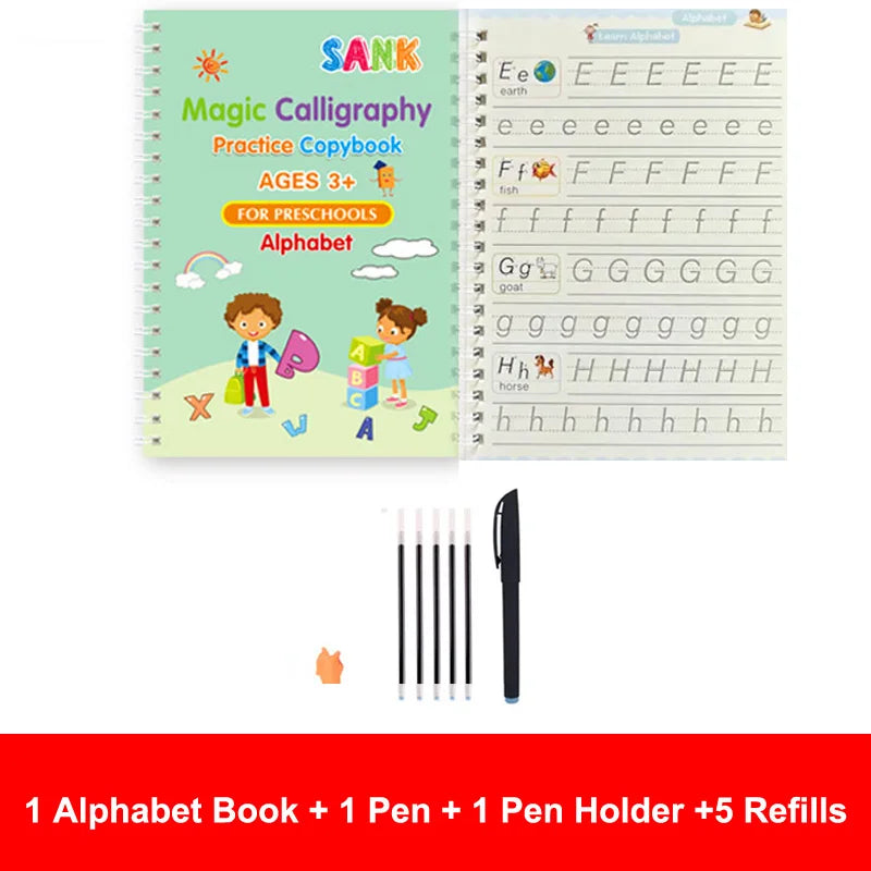 Sank Magic Practice Copybook – Reusable Calligraphy Writing Book for Kids | Preschool Handwriting & English Learning with Free Wiping Pen