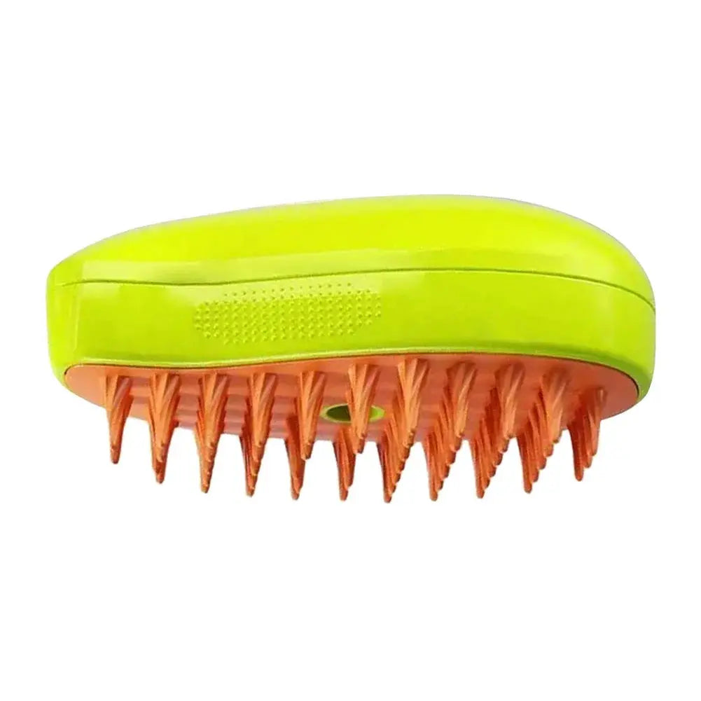 A close-up of the 3-in-1 pet steam grooming brush showing massage pads, hair removal comb, and cleaning features designed for cats and dogs