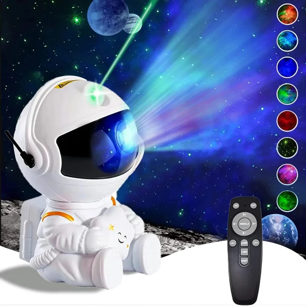 Astronaut galaxy star projector night light displaying colorful nebula effects with remote control feature and space-themed design for immersive space ambiance